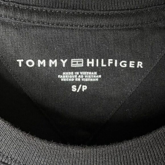 TOMMY HILFIGER Shirt Mens Small S Black Embroidered Spellout Logo Tee Cotton - Picture 6 of 8
